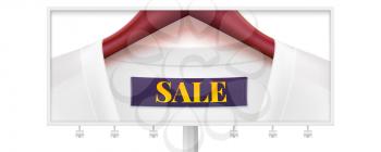 Sale. Billboard with dress on wooden clothes hanger. Big tag on the collar. Horizontal layout for advertising of sales. Creative template for discount or promotion action in shops and markets.