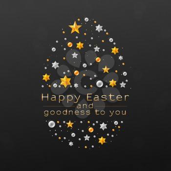 Easter egg. Decorative egg made from cutout gold and silver stars and glittering pearls on black background. Cover with greetings text. Chic vector greetings card for Church Easter holidays.