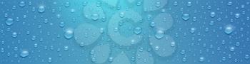 Realistic water drops on long blue surface. Volumetric droplets with sun reflecting, vector 3d illustration. Textured background with glowing water drops for banner, poster, leaflet.