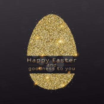 Easter egg with design of greetings text. Glittering symbol of Easter from golden shining dust isolated on black background. Vector template for covers, posters, banners, leaflets.