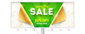 Springtime sale, shopping now. Get up to 50 percent discount. Billboard with opened bended corners of wrapping paper. Abstract pattern from golden buds of roses on white paper