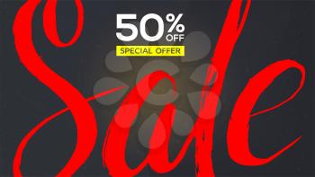 Sale banner. Red handwriting text Sale with scratches on black background. Design of text fifty percent discount. Grunge template for discount actions, promo events in shops and markets