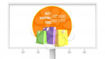 Best shopping tour. Billboard with design advertising banner, trip for cheap shopping. Big paper bags with tags. Concept of low-cost shopping tourism.