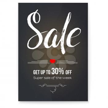 Poster for sales actions, get up to 30 percent discount. Banner with calligraphy in retro style written of chalk on blackboard, vector illustration. Design of handwritten text.
