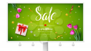 Billboard with Sale offer of the weekend. Spring sale, voucher with present and discount. Tulips bouquet, golden toys and gift box on green background. Handwritten cursive typeface
