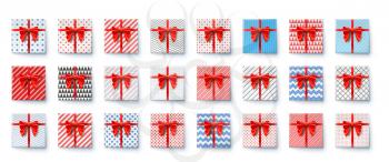 Present boxes with red ribbon and big bow isolated on white. Festive packaging for New Years, Christmas, birthdays holidays. Top view on gift boxes wrapped in paper of various colors with patterns.