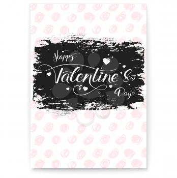Happy Valentines day. Modern cover, greetings poster in pink color. Calligraphy in vintage, hipster style. Hand-drawn text lettering, brush strokes and doodle. Template for invitation, wedding cards.