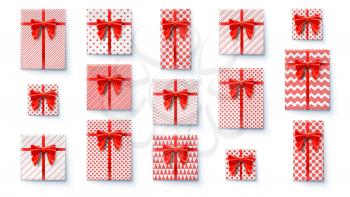 Set of present boxes, flat lay. Top view on wrapped in colored paper gift boxes with satin red bows. Vector concept of packages for Christmas, New Year, Happy birthdays, Weddings and Valentine Day