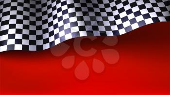 Waving checkered racing flag on red background. Flag for car or motorsport rally. Three dimensional vector illustration for races, competitions, lotto, bookmakers office, promotion of rates.