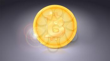 One coin of Bitcoin. Golden symbol of the digital currency on horizontal gray background. Virtual money of the future with light rays, sun glare and flare of beams, icon of digital crypto currency
