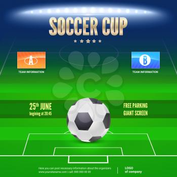 Soccer event flyer template. Place your text and emblem of participants. Night soccer stadium in the spotlight with big ball. 3D illustration, template for poster, print design for events.