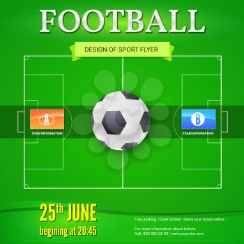 Football or soccer banner with text design. Template for game tournament. Football ball above green field, top view. Sport events design for posters, print design, creative arts. 3D illustration.