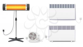 Set icons of heaters, household appliances on a white background. Convector, fan heater, UFO quartz heater with power cord and socket, isolated 3D illustration with realistic shadows.