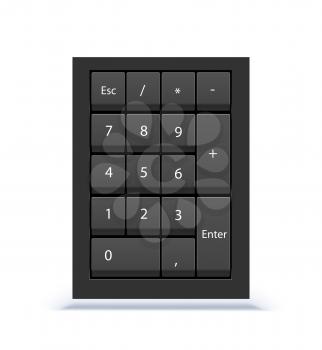Numeric keypad, close up view. Numpad with numbers, computer keys on keyboard on white background.
