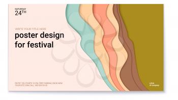 Poster design for festival with abstract pattern of cut paper. The symbol of the surf, wind or smoke. Horizontal vector template of poster, design layout for brochure, banner, flyer.