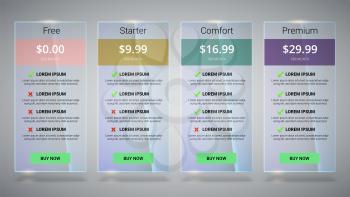 Banners with tariffs plan. Comparison of pricing table set for business, bullet list with commercial plan. Template for prices of business product.