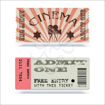 Retro cinema tickets or event. Shape with texture effect and vintage text. Admit one movie ticket. Vector 3D illustration, ready for print.