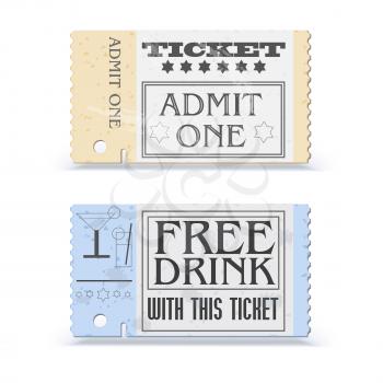 Set of retro cinema tickets or event. Shape with texture effect and vintage text. Admit one movie ticket. Vector icon, 3D illustration, ready for print.