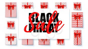 Black Friday Sale. Sales banner with design calligraphic lettering text. Gift boxes, red ribbon and bow. Present box wrapped in colored paper with patterns. Vector 3d illustration.