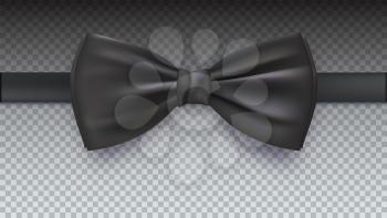 Realistic black bow tie, vector illustration, isolated on transparent background. Elegant silk neck bow.