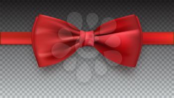Realistic red bow tie, vector illustration, isolated on transparent background. Elegant silk neck bow.