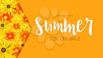 Summer sale, selling banner. hot orange backdrop and field of daisies, yellow flower. Template, mock-up online shopping, advertising, magazines.