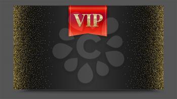VIP or luxury red flag on black gradient backdrop with golden, shiny, glitter dust. Metallic pattern. Horizontal picture frame. Template for advertisement, VIP or luxury card, selling banner, cover.