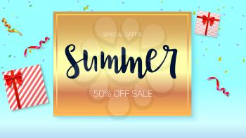 Summer sale ad banner on bright golden background. Top view. Gift box with red ribbon and bow with serpentine and confetti.