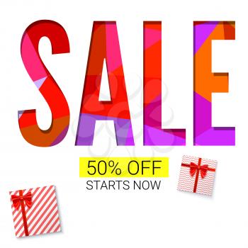 Holiday sale with gift, advertising banner on white and triangles background. Red gift boxes with ribbon. 50 percent off, starts now.
