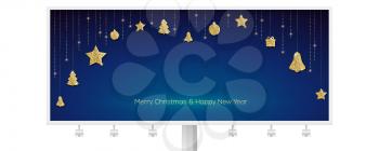 Billboard with are hanging golden Christmas decorations. Christmas toys hang on golden threads and are lighting with glitters. Template for banner, poster, cover. Vector 3d illustration