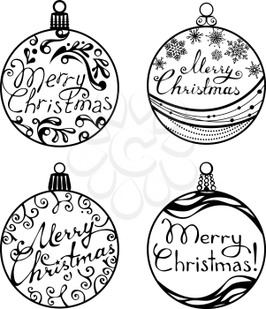 Four various Christmas balls. Round shapes. Hand-written text..