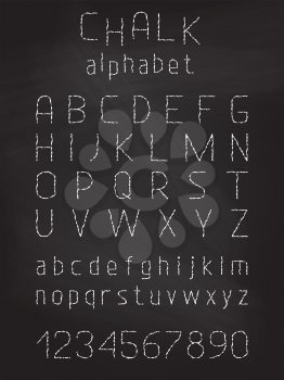 Vector white alphabet letters and numbers on blackboard.
