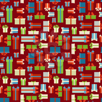 Various gifts on red background. Vector festive texture.