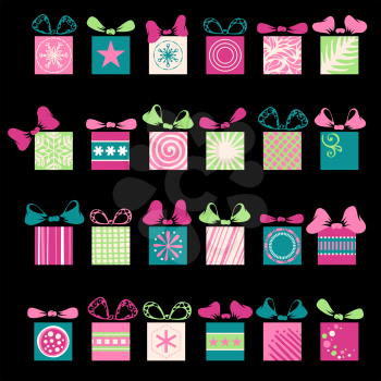 24 various graphic box for your design isolated on black background. Gifts and background are on separate layers. EPS 8.