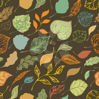 Ornate autumnal leaves on brown background. Template for your design.