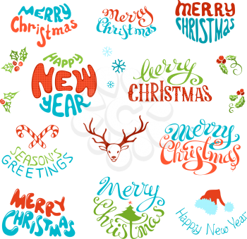 Vintage labels and emblems for Christmas and New Year holidays isolated on white background. Hand-written festive lettering.