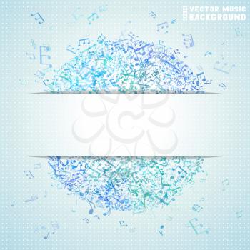 Set of blue music elements on light background. Music abstract circle of notes and treble clefs. There is place for your text.
