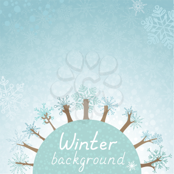 Trees on the Earth, snowflakes pattern in the sky. Hand-written text. There are place for your text in the sky and on the Earth. Winter template.