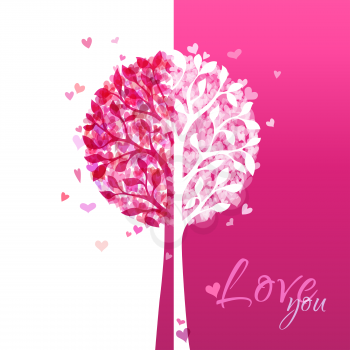 Various hearts on tree. Valentine's template. Duotone illustration. There is place for your text.