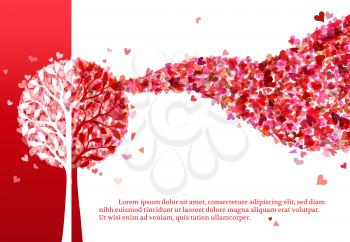 Various hearts on tree. Red Valentine's template. Duotone illustration. There is place for your text.