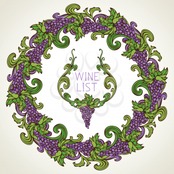 Vintage grapes ornament with calligraphy elements. Vector illustration. There is place for your text in the center.