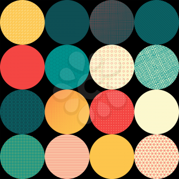 Circles with various texture on black background in retro style.