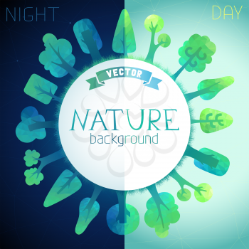 Vector geometric trees and grass silhouettes. There is place for your text in the center.