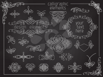 Page decoration, flourishes, dividers, vintage frames, headers and design elements on chalkboard background.