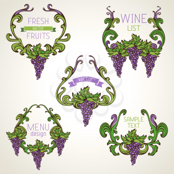 Decorative elements with text on light background. Retro design. Menu or wine list templates.