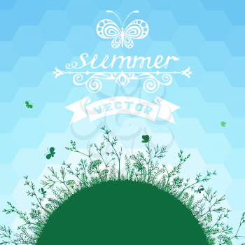 Green grass on blue hexagons background. There is place for your text on blue and green areas.