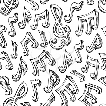Black hand-drawn music notes and treble clefs on white background. 