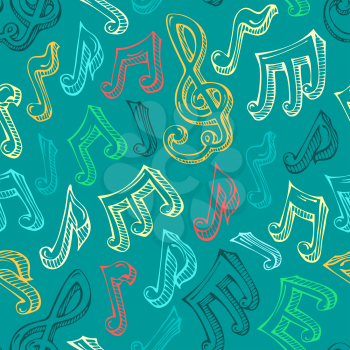 Colourful hand-drawn music notes and treble clefs. Sketch illustration.