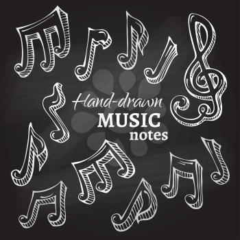 Hand-drawn sketch music notes on blackboard background. 