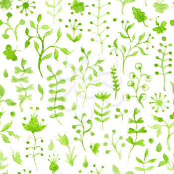 Hand-drawn green watercolor floral silhouettes on white background. Seamless pattern can be used for wallpapers, web page backgrounds or wrapping papers.